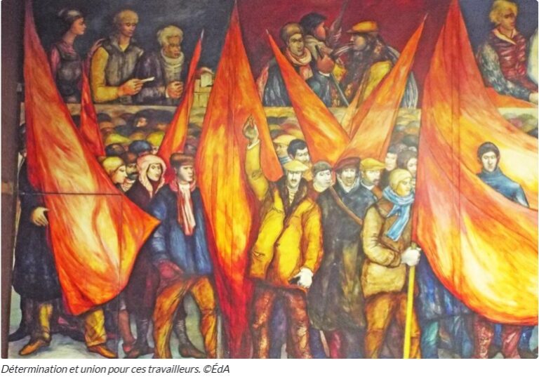 Intacte encore, la fresque dort à la FGTB, rue des Maux; l'artiste y illustre à merveille un temps fort du combat ouvrier, la grève.